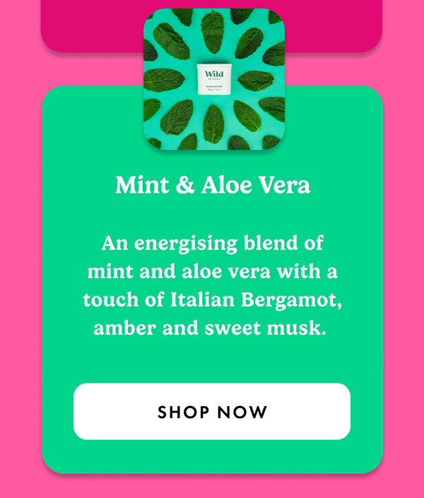 Mint & Aloe Vera. An energising blend of mint and aloe vera with a touch of Italian Bergamot, amber, and sweet musk.