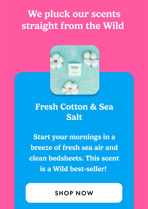 Fresh Cotton & Sea Salt. Start your mornings in a breeze of fresh sea air and clean bedsheets. This scent is a Wild best-seller.