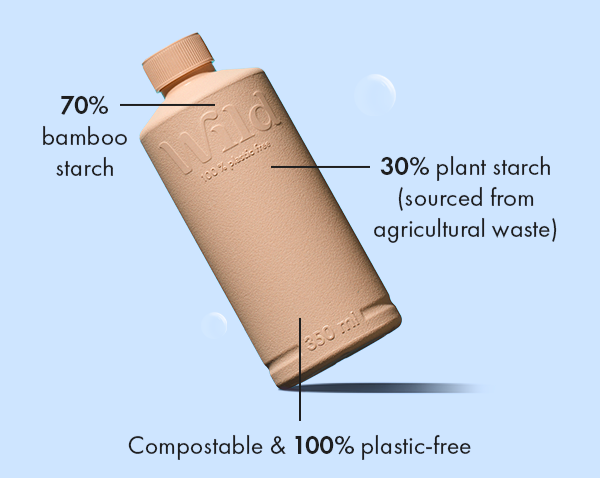 70% bamboo starch, 30% plant starch, compostable and 100% plastic-free