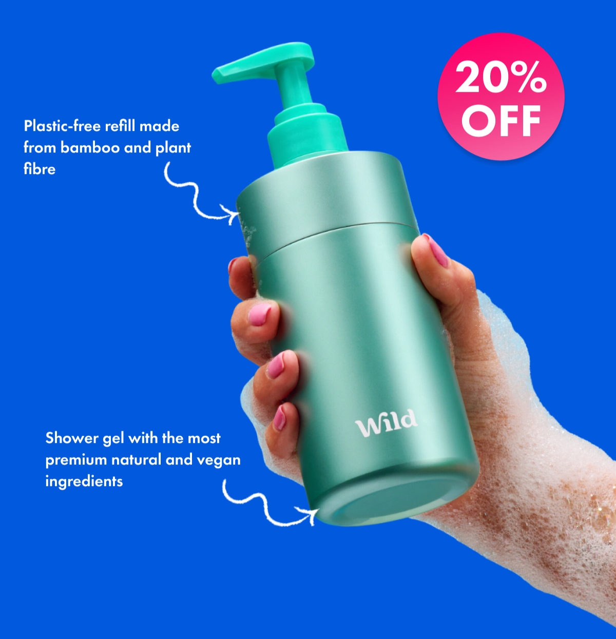 20% off, plastic-free refill made from bamboo and plant fibre. shower gel with the most premium, natural and vegan ingredients