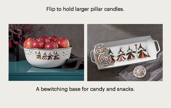 Flip to hold larger pillar candles.  A bewitching base for candy and snacks.