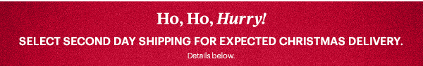 Ho, Ho, Hurry!  SELECT SECOND DAY SHIPPING FOR EXPECTED CHRISTMAS DELIVERY.  Details below.