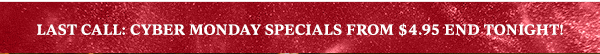 LAST CALL: CYBER MONDAY SPECIALS FROM $4.95 END TONIGHT!