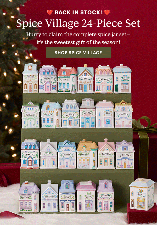 BACK IN STOCK!  Spice Village 24-Piece Set  Hurry to claim the complete spice jar set—it's the sweetest gift of the season!  [SHOP SPICE VILLAGE]
