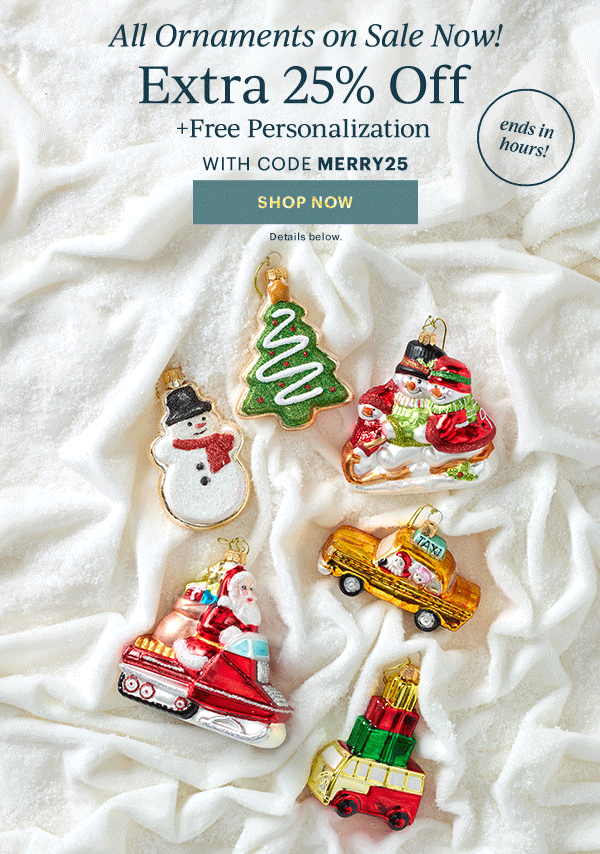 All Ornaments on Sale Now!  Extra 25% Off  + Free Personalization  WITH CODE MERRY25  [SHOP NOW] Details below.  ends in hours!