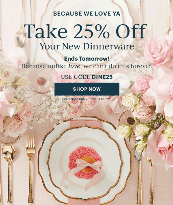 BECAUSE WE LOVE YA  Take 25% Off  Your New Dinnerware  Ends Tomorrow!  Because unlike love, we can't do this forever.  USE CODE DINE25  [SHOP NOW] Exclusions apply. Details below.