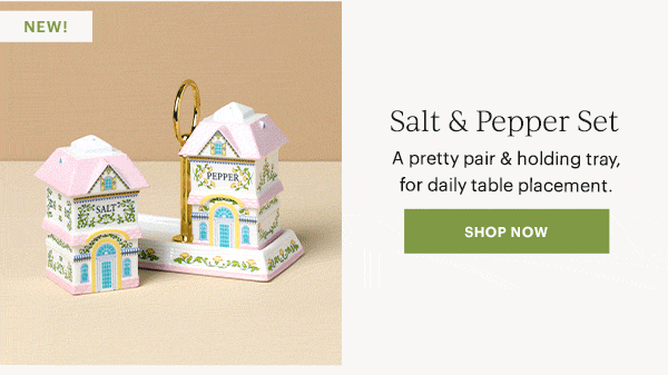 NEW!  Salt & Pepper Set  A pretty pair & holding tray, for daily table placement.  [SHOP NOW]