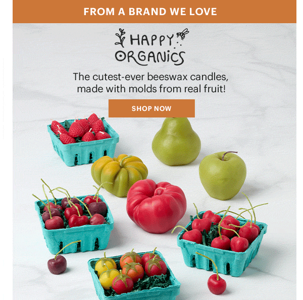 FROM A BRAND WE LOVE  HAPPY ORGANICS  The cutest-ever beeswax candles, made with molds from real fruit!  [SHOP NOW]