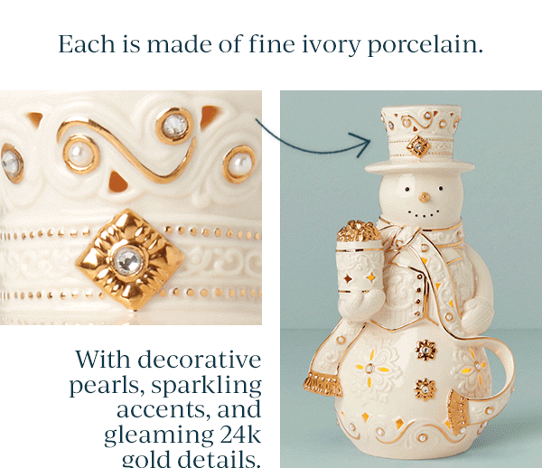 Each is made of fine ivory porcelain.  With decorative pearls, sparkling accents, and gleaming 24k gold details.