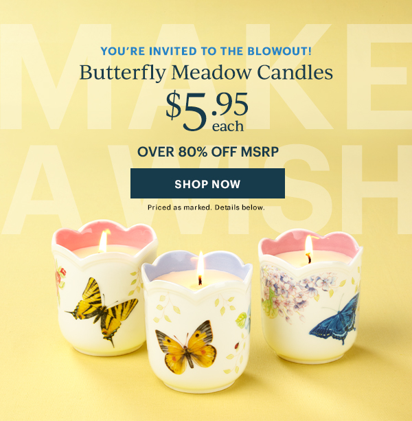 YOU'RE INVITED TO THE BLOWOUT!  Butterfly Meadow Candles $5.95 each  OVER 80% OFF MRSP  [SHOP NOW] Priced as marked. Details below.