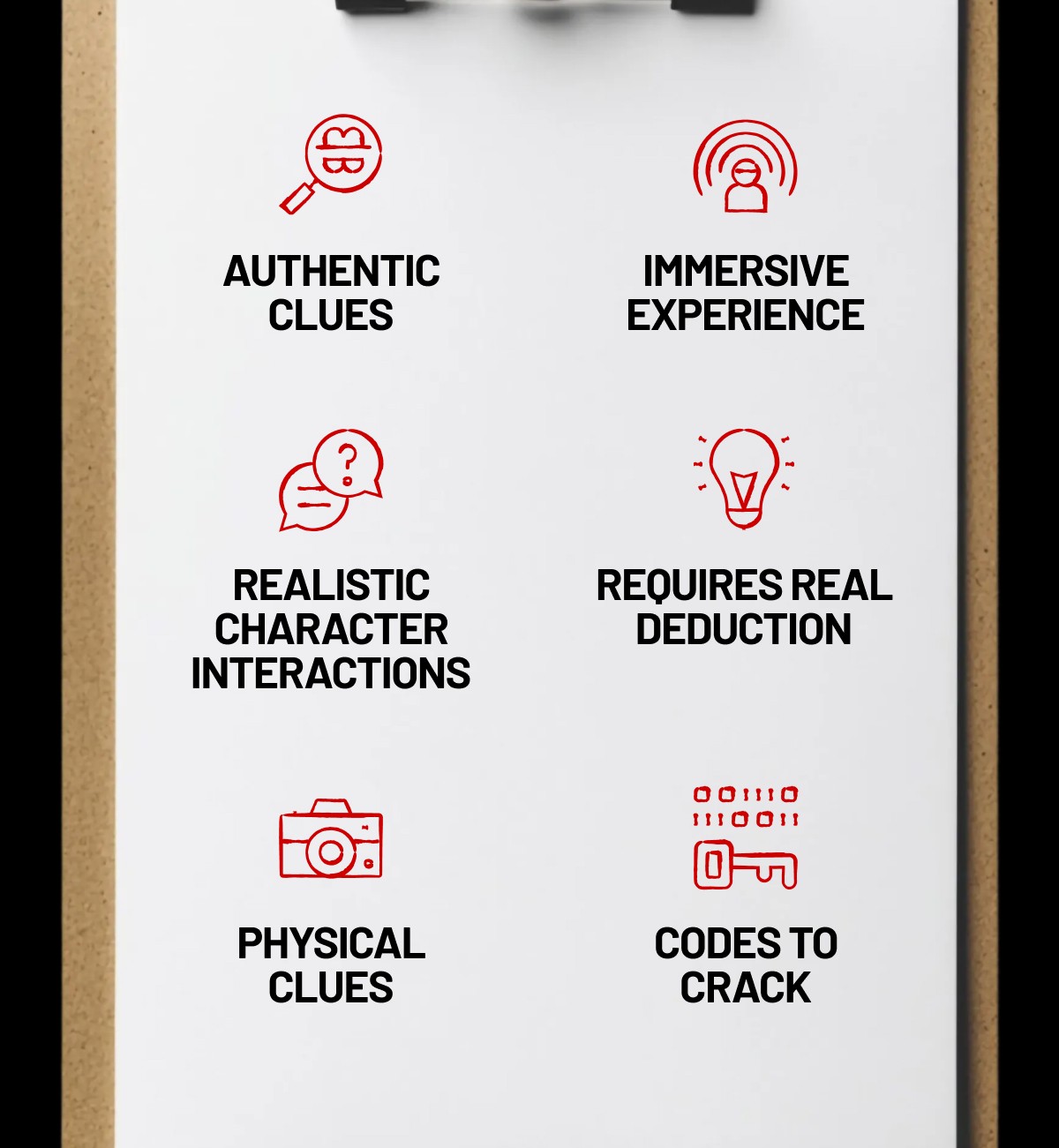 Authentic Clues / Immersive Experience / Realistic Character Interactions / Requires Real Deduction / Physical Clues / Codes to Crack