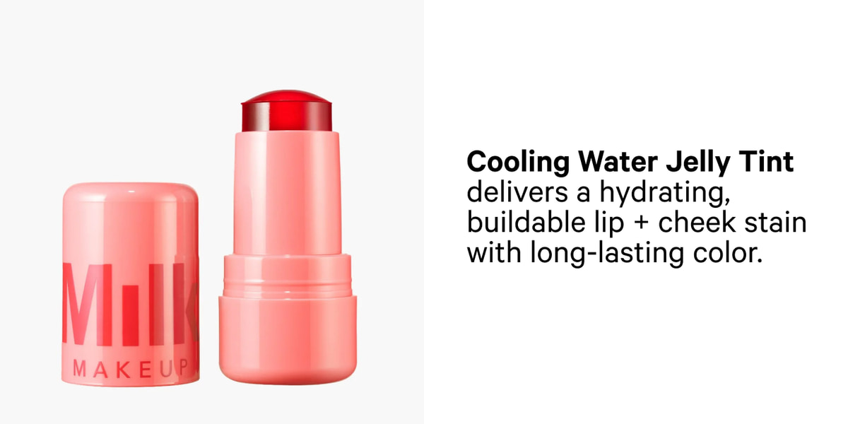 Cooling Water Jelly Tint delivers a hydrating, buildable lip + cheek stain with long-lasting color.