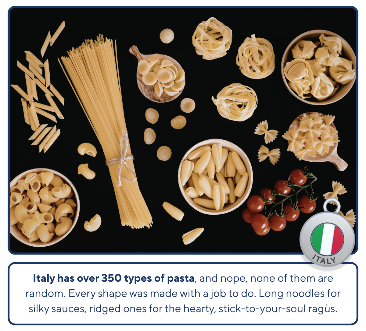 Weekly Travel Fact: Italy has over 350 types of pasta, and nope, none of them are random. Every shape was made with a job to do. Long noodles for silky sauces, ridged ones for the hearty, stick-to-your-soul ragùs.