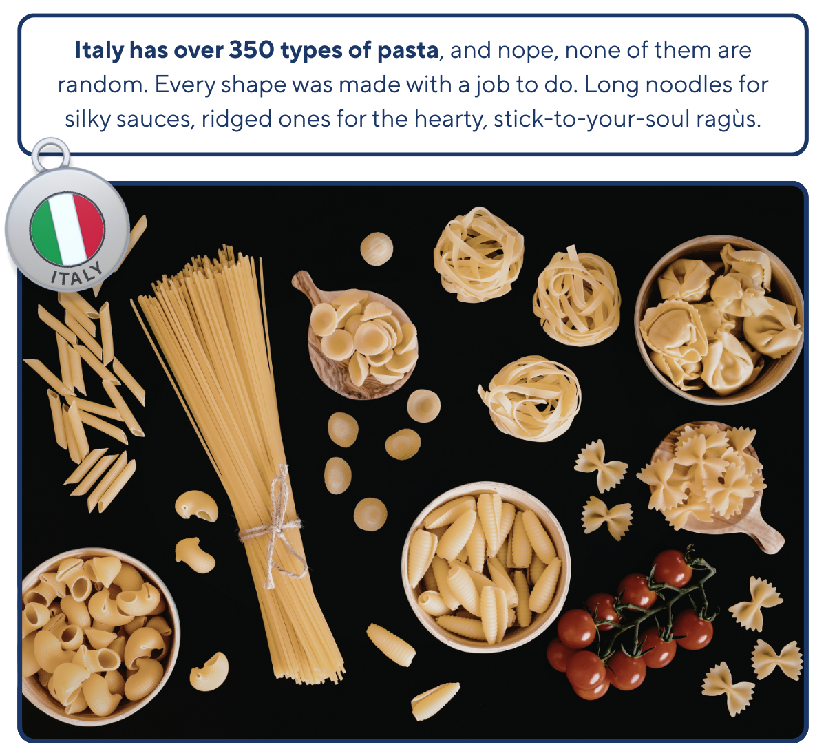 Weekly Travel Fact: Italy has over 350 types of pasta, and nope, none of them are random. Every shape was made with a job to do. Long noodles for silky sauces, ridged ones for the hearty, stick-to-your-soul ragùs.
