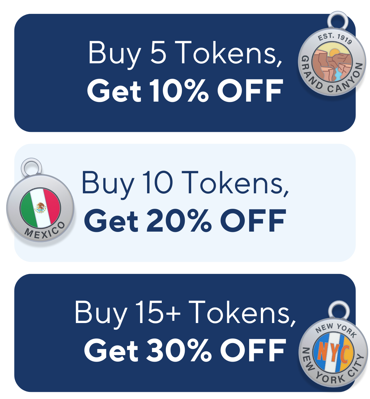 Buy 5 Tokens, Get 10% OFF Buy 10 Tokens, Get 20% OFF Buy 15+ Tokens, Get 30% OFF