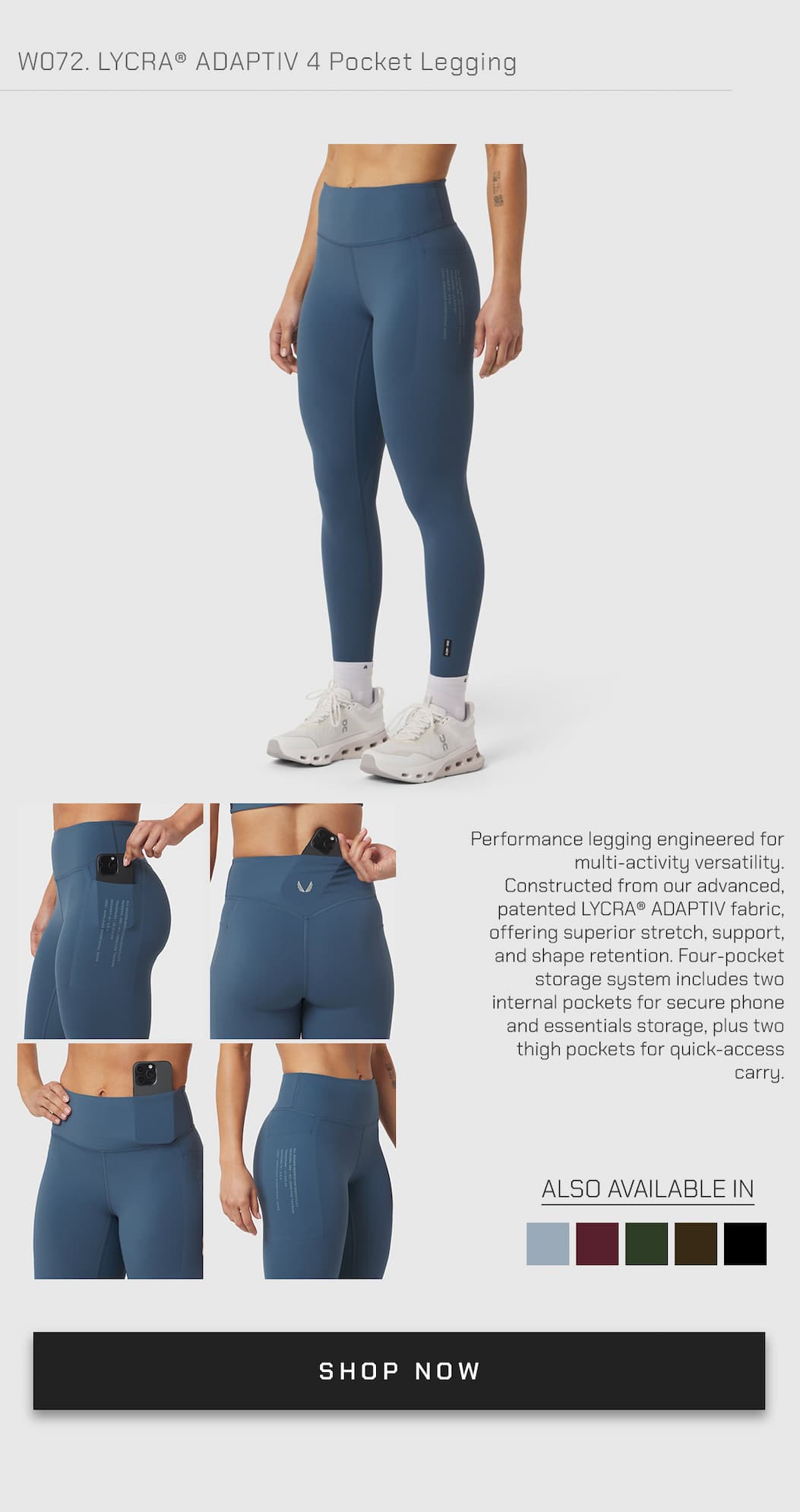 Performance legging engineered for multi-activity versatility. Constructed from our advanced, patented LYCRA® ADAPTIV fabric, offering superior stretch, support, and shape retention. Four-pocket storage system includes two internal pockets for secure phone and essentials storage, plus two thigh pockets for quick-access carry.