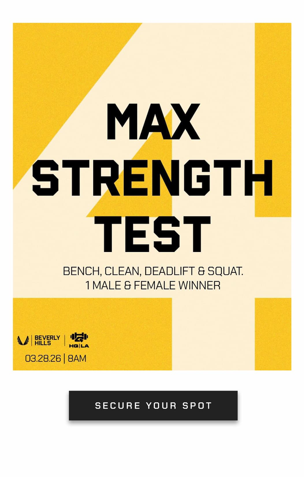 Join us for a Max Strength competition to celebrate ASRV Beverly Hills 4 year anniversary, hosted at HQLA in West Hollywood. The top male & female lifter will win a prize. The event will be open to 8 Men & 8 Women. All lifting levels welcome.  SIGN UP HERE