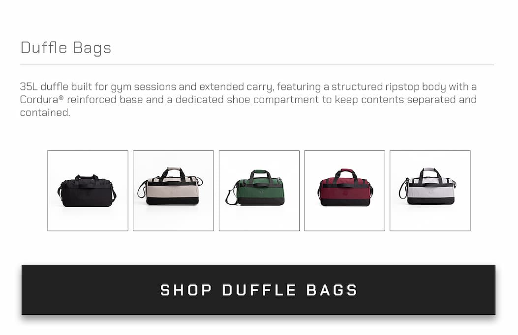 35L duffle built for gym sessions and extended carry, featuring a structured ripstop body with a Cordura® reinforced base and a dedicated shoe compartment to keep contents separated and contained.