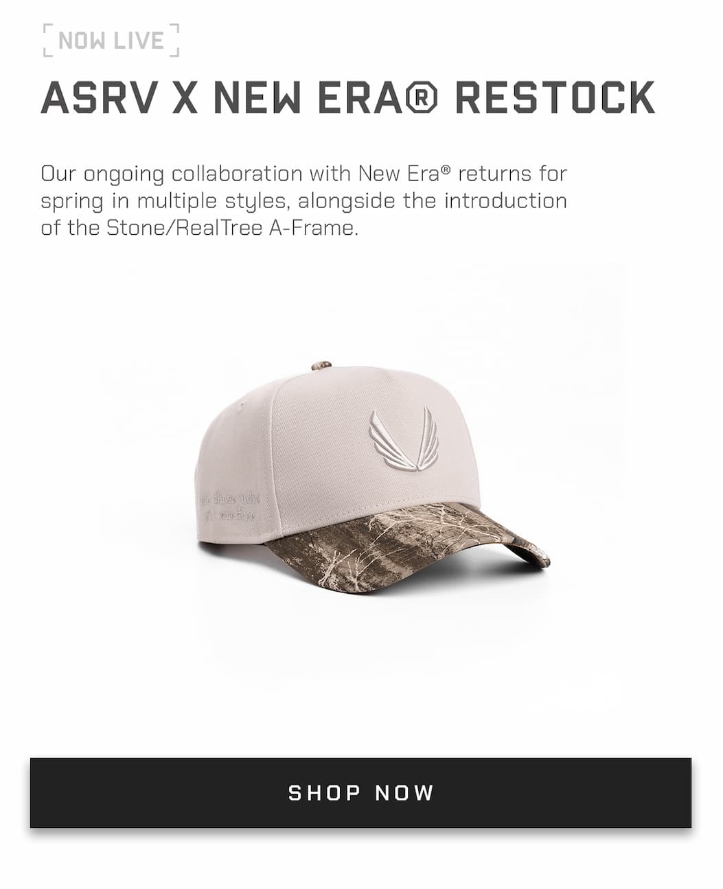 Our ongoing collaboration with New Era® returns for spring in multiple styles, alongside the introduction of the Stone/RealTree A-Frame.