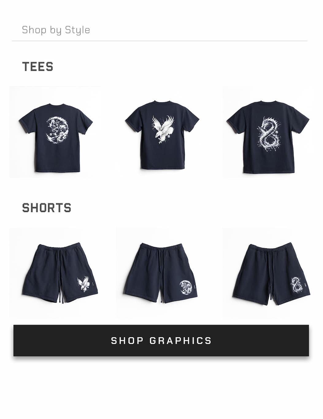 Three graphic prints made in collaboration with Philadelphia-based tattoo artist Shifu Nha. The Eagle, the Warrior and the Dragon. Printed on heavyweight 100% cotton shirts and sweat shorts.