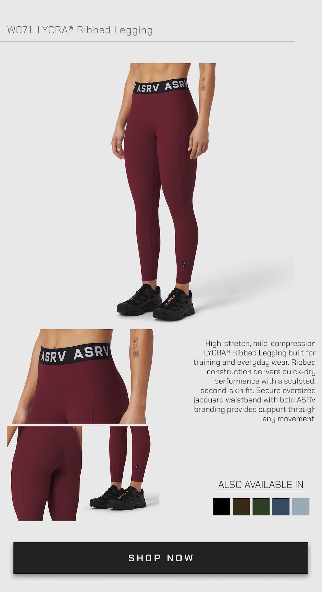 High-stretch, mild-compression LYCRA® Ribbed Legging built for training and everyday wear. Ribbed construction delivers quick-dry performance with a sculpted, second-skin fit. Secure oversized jacquard waistband with bold ASRV branding provides support through any movement.