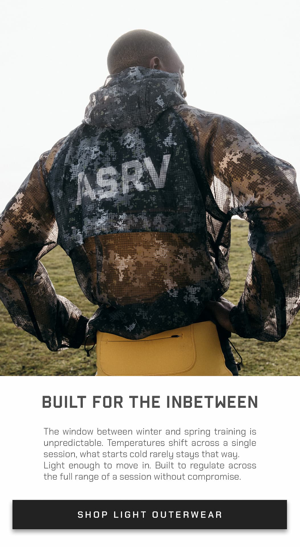 The window between winter and spring training is unpredictable. Temperatures shift across a single session, what starts cold rarely stays that way. Light enough to move in. Built to regulate across the full range of a session without compromise.