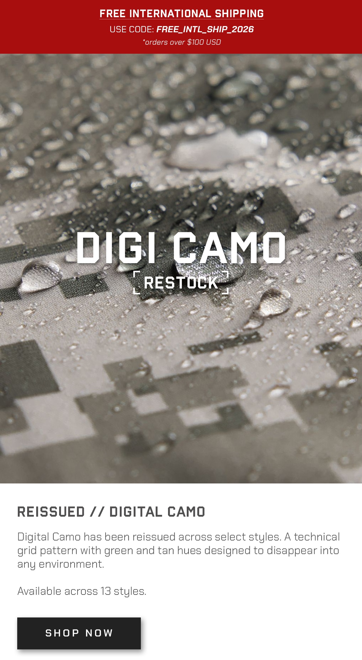 Digital Camo has been reissued across select styles. A graphic pattern system designed to add depth to the full kit without overpowering the silhouette.
