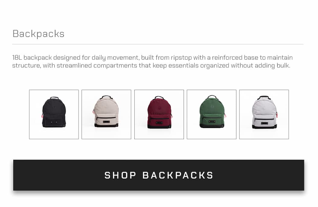 18L backpack designed for daily movement, built from ripstop with a reinforced base to maintain structure, with streamlined compartments that keep essentials organized without adding bulk.