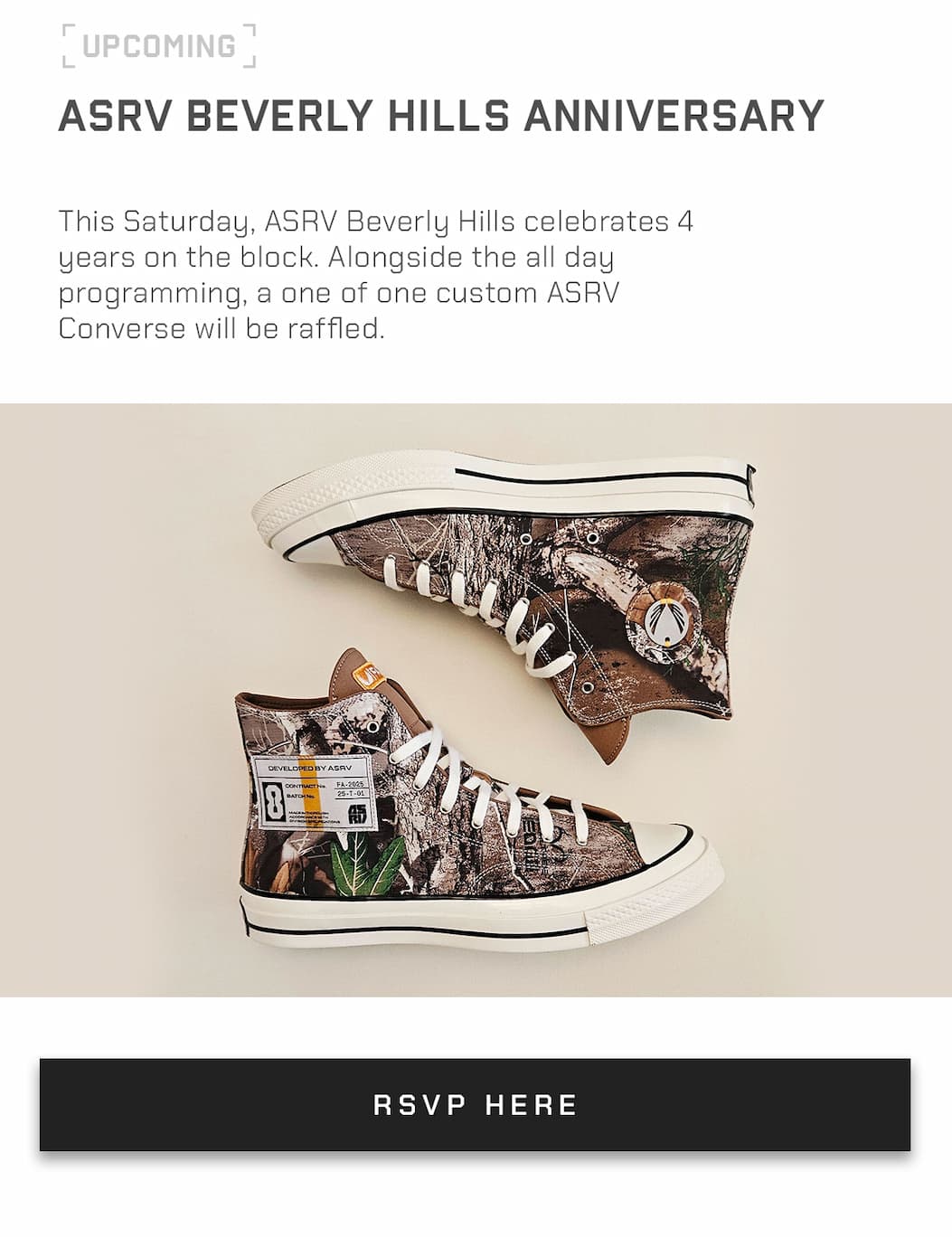 This Saturday, ASRV Beverly Hills celebrates 4 years on the block. Alongside the all day programming, a one of one custom ASRV Converse will be raffled.