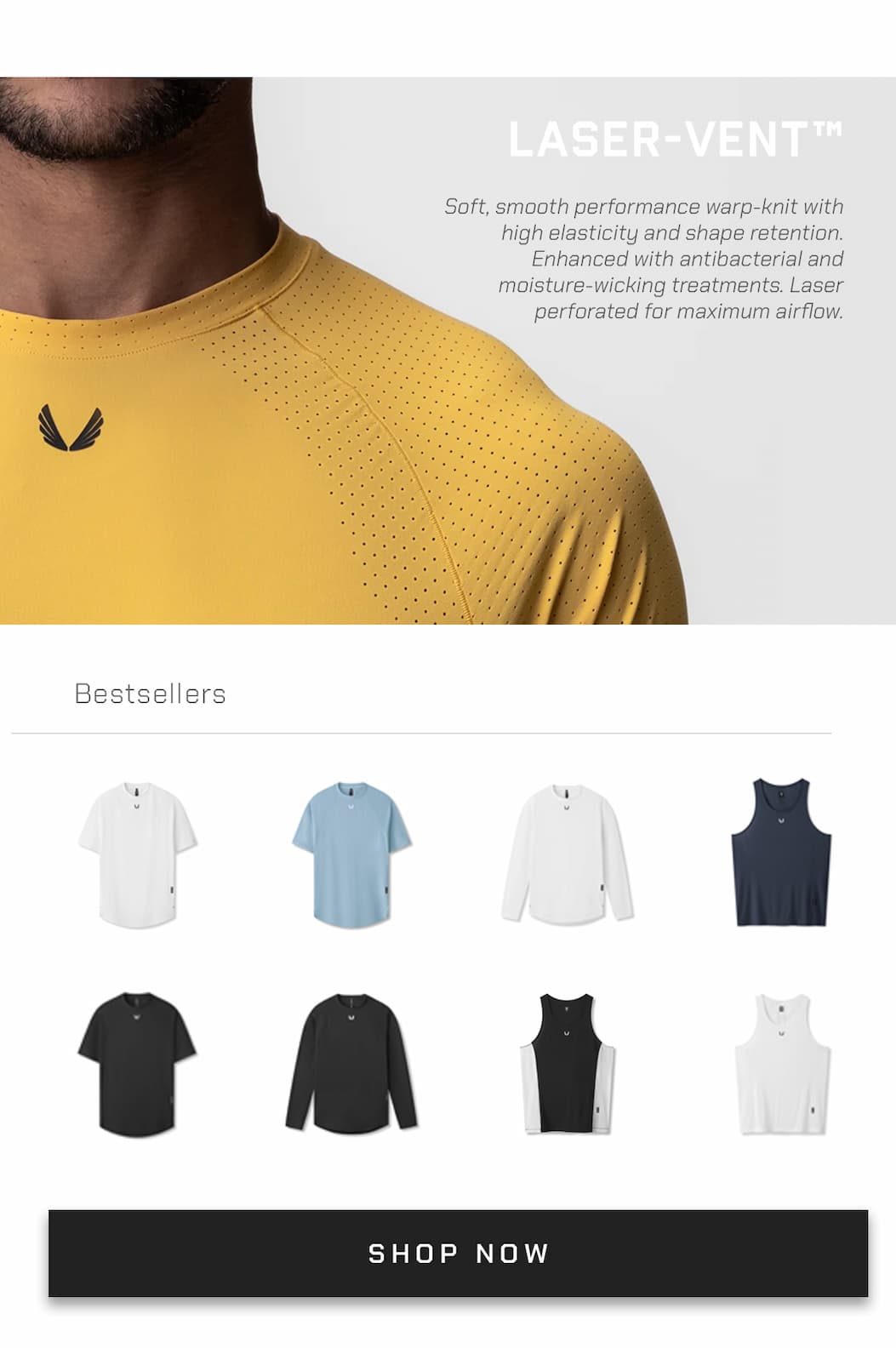 Soft, smooth performance warp-knit with high elasticity and shape retention. Enhanced with antibacterial and moisture-wicking treatments. Laser perforated for maximum airflow. 