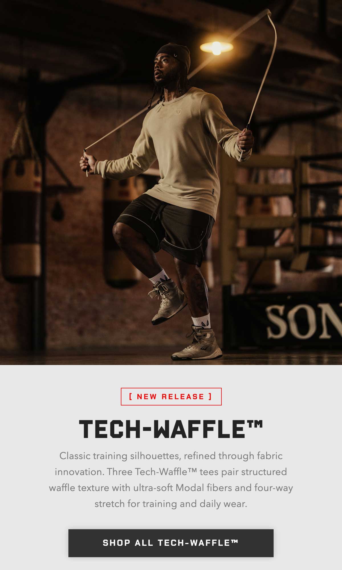Classic training silhouettes, refined through fabric innovation. Three Tech-Waffle™ tees pair structured waffle texture with ultra-soft Modal fibers and four-way stretch for training and daily wear.