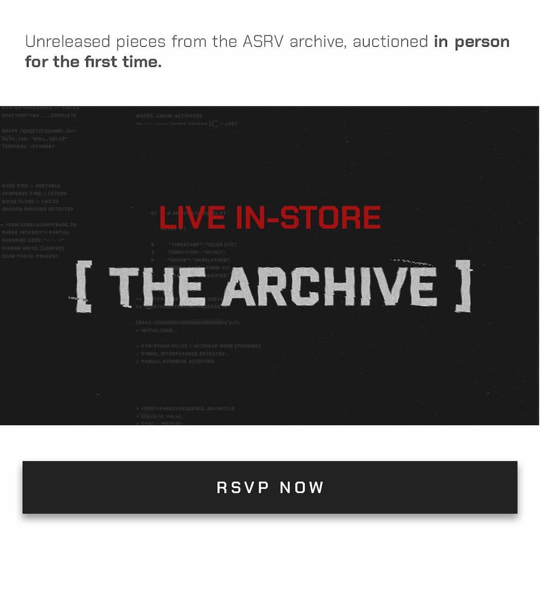Unreleased pieces from the ASRV archive, auctioned in person for the first time.