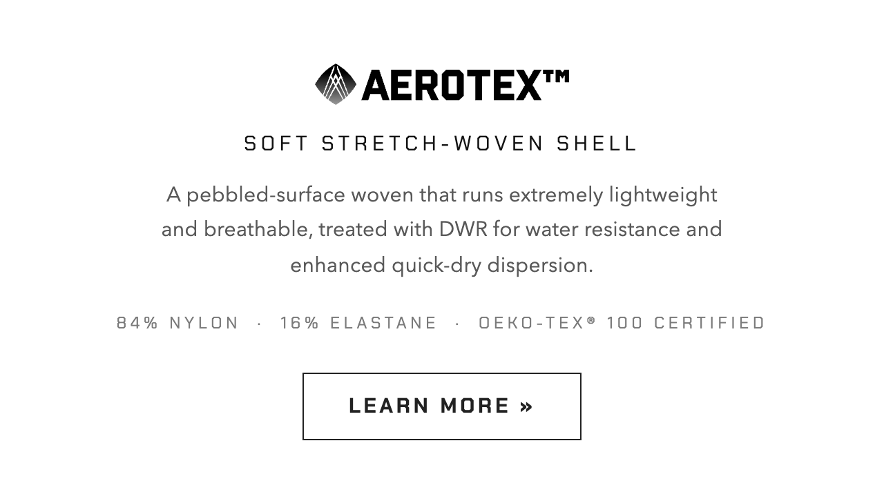 A pebbled-surface woven that runs extremely lightweight and breathable, treated with DWR for water resistance and enhanced quick-dry dispersion.