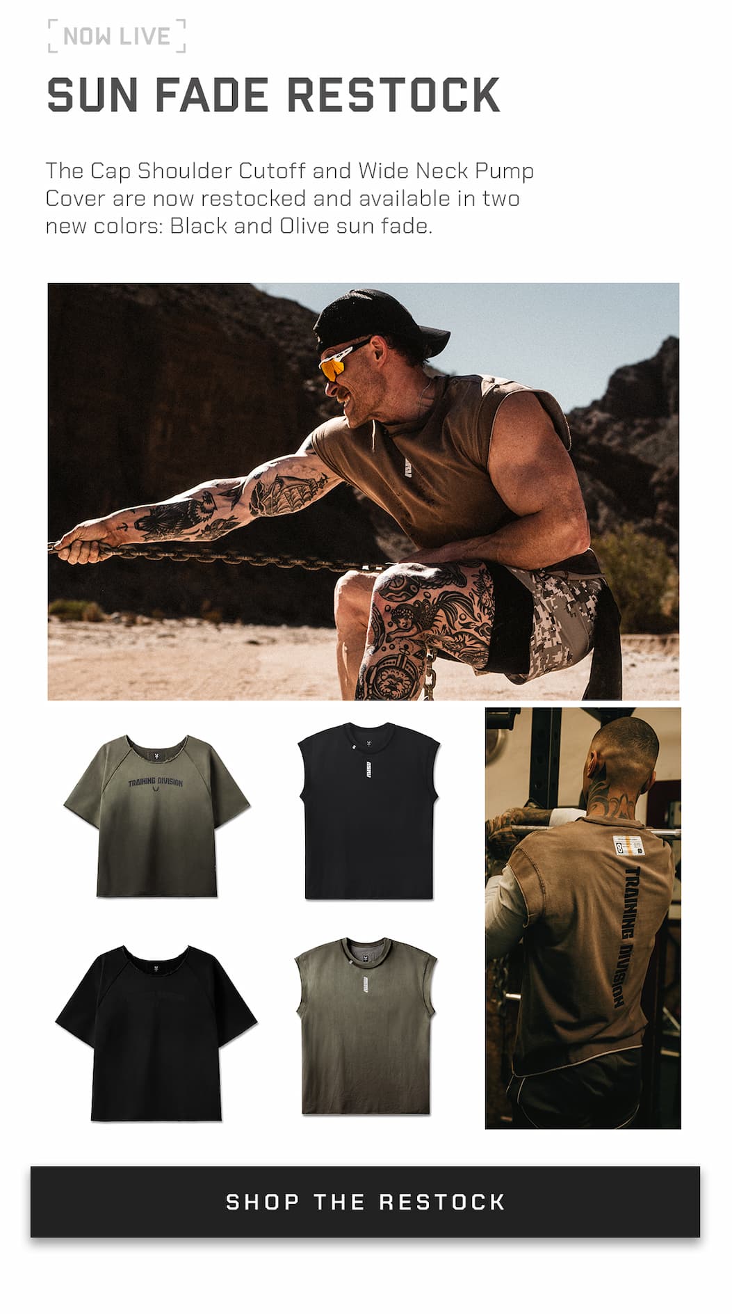 The Cap Shoulder Cutoff and Wide Neck Pump Cover are now restocked and available in two new colors: Black and Olive sun fade.