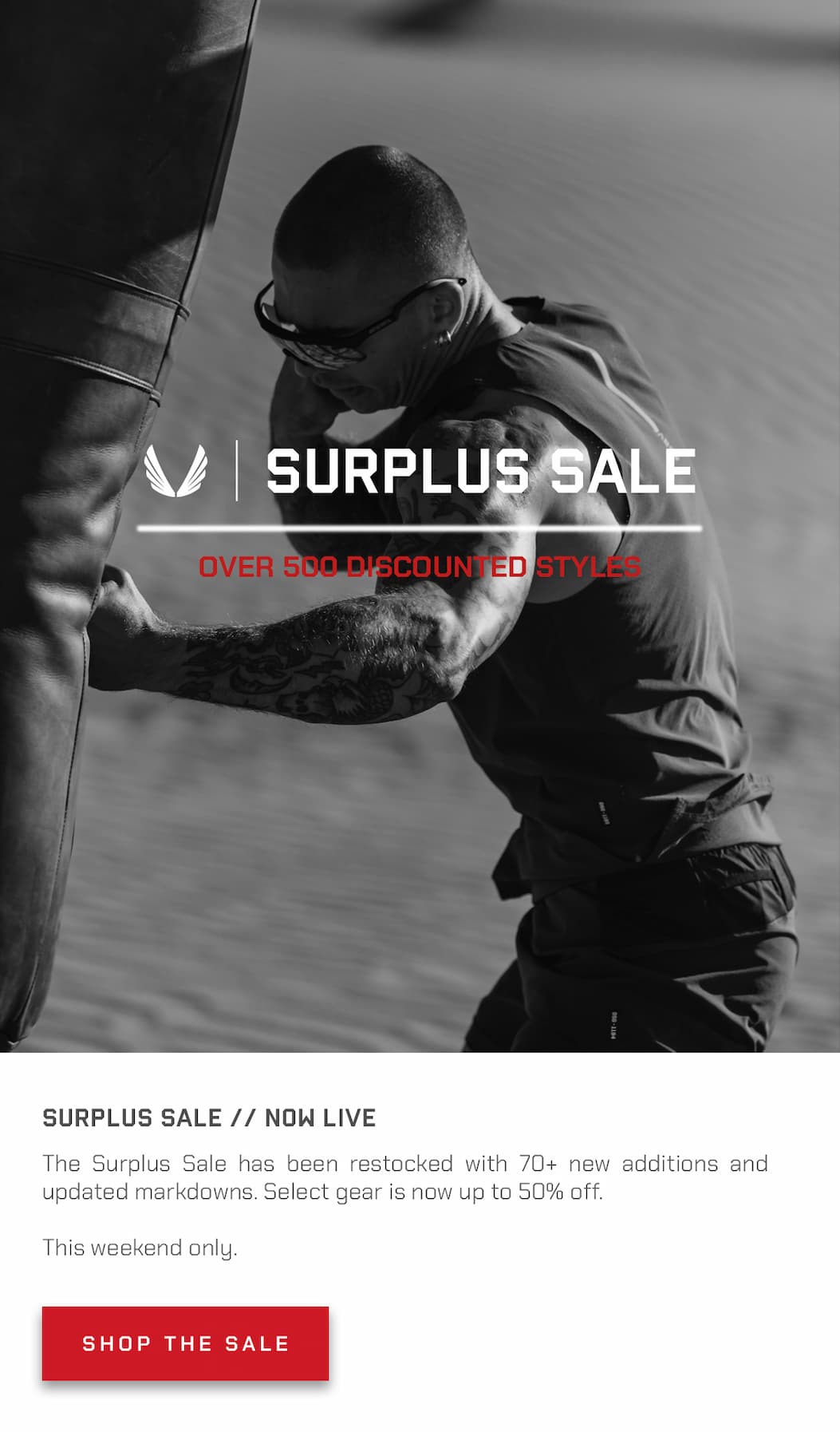 The Surplus Sale has been restocked with 70+ new additions and updated markdowns. Select gear is now up to 50% off this weekend only.