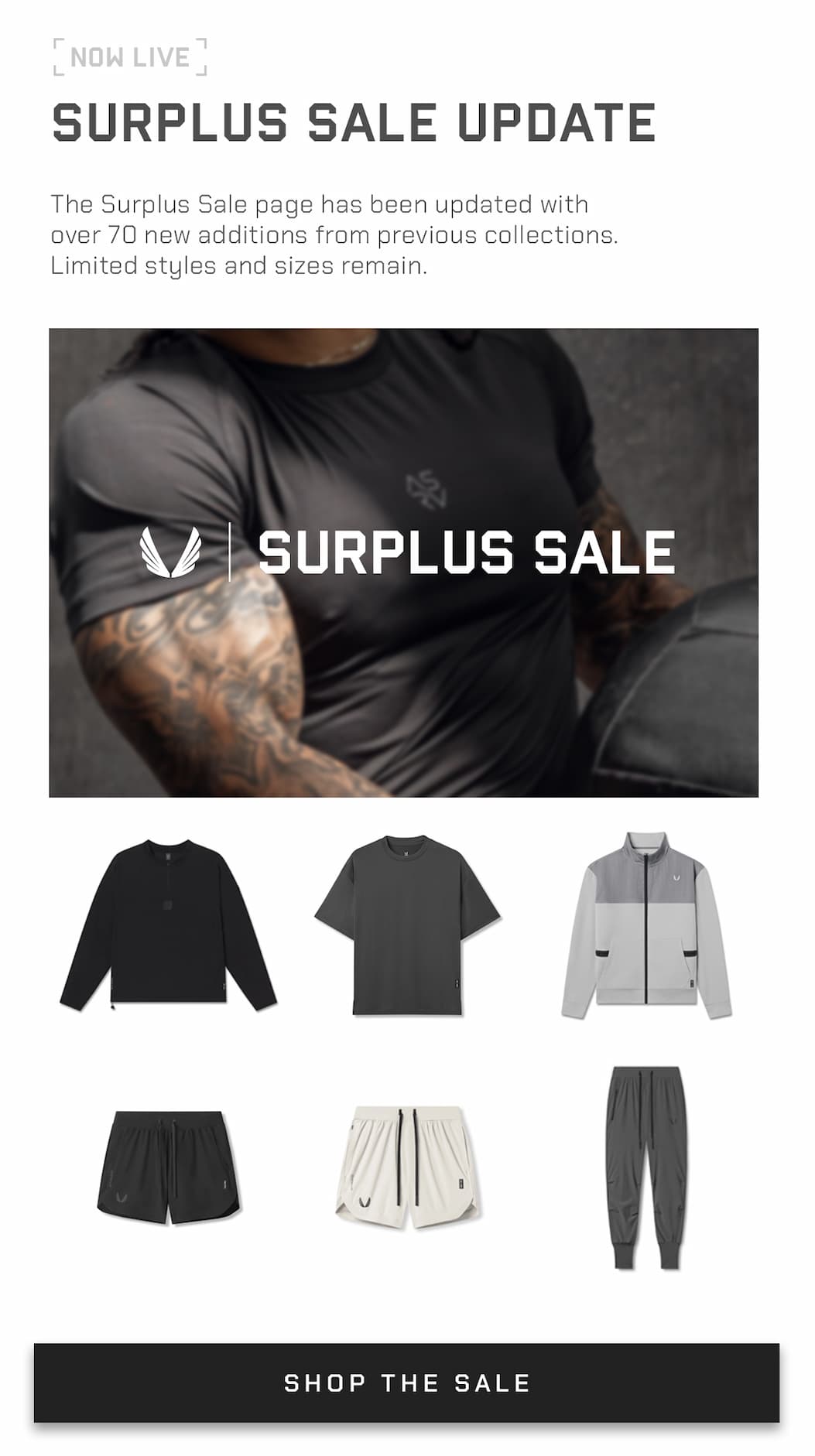 The Surplus Sale page has been updated with over 70 new additions from previous collections. Limited styles and sizes remain.