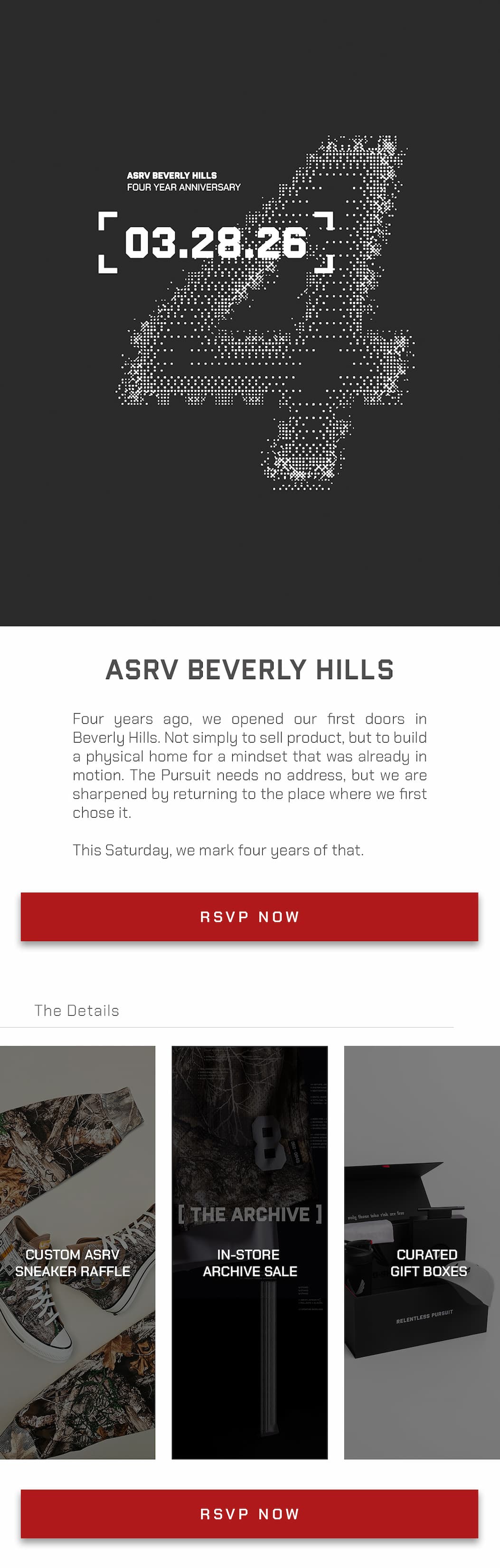 Four years ago we opened our doors in Beverly Hills. What started as a space for the community has grown through every conversation, every session, and every person who kept coming back through those doors.  Join us for our 4th anniversary on Saturday, March 28th at the ASRV Beverly Hills location. Giveaways, raffles, and time with the team. RSVP below.