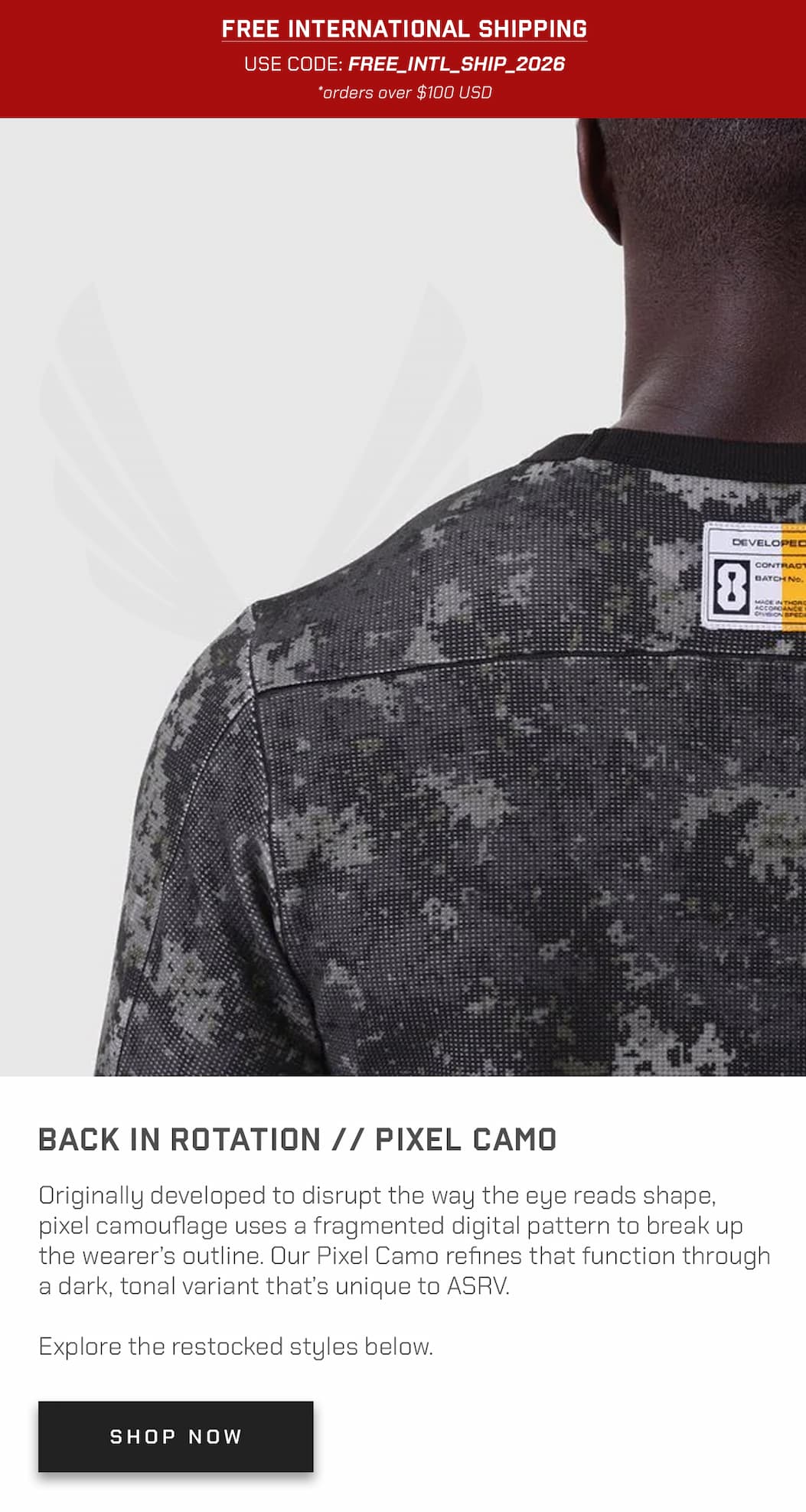 Originally developed to disrupt the way the eye reads shape, pixel camouflage uses a fragmented digital pattern to break up the wearer’s outline. Dark Pixel Camo refines that function through a tonal ASRV lens, creating a low-profile system built for training and daily movement.