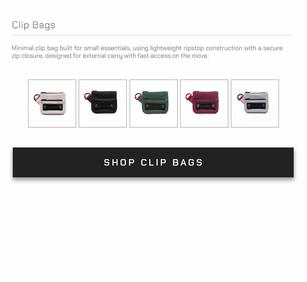 Minimal clip bag built for small essentials, using lightweight ripstop construction with a secure zip closure, designed for external carry with fast access on the move.