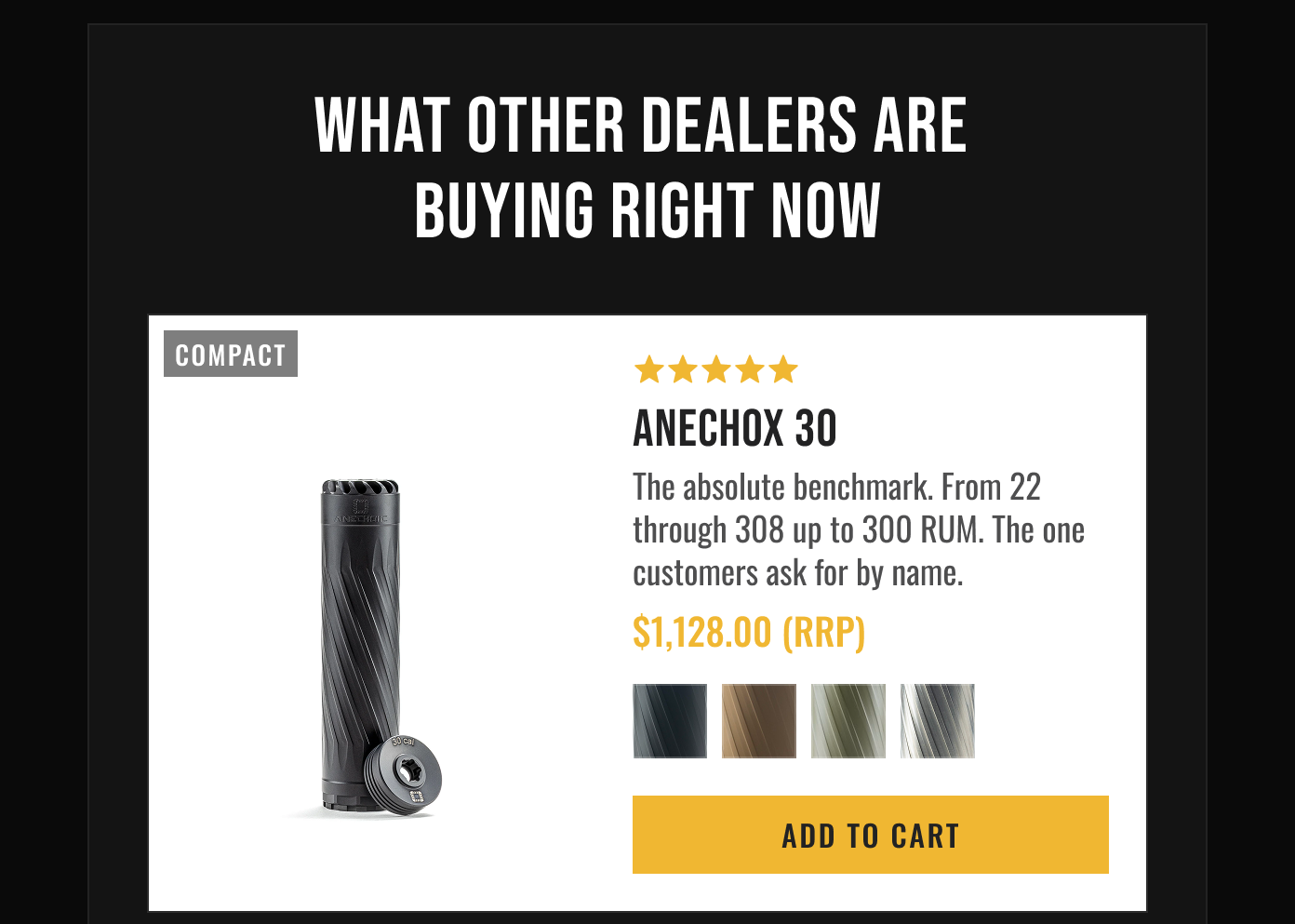 Product card for ANECHOX 30 Compact suppressor ($1,128.00 RRP). Features 5-star rating, description, color options, and Add to Cart button.