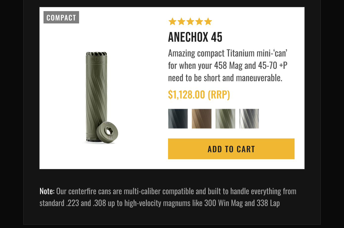 Anechox 45 compact titanium mini-can for 458 Mag & 45-70 +P. 5 stars, $1,128.00 RRP. Note: multi-caliber centerfire compatibility.