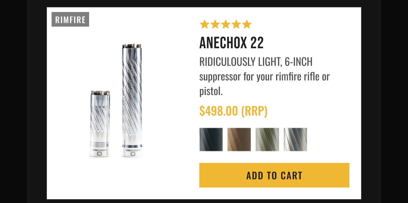 Anechox 22 rimfire 6-inch suppressor for rifles & pistols. 5 stars, $498.00 RRP. Available in black, bronze, green, silver.
