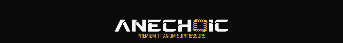 Anechoic brand logo in white futuristic font, featuring a gold textured square icon within the text, and the subtitle "Premium Titanium Suppressors" in gold below.