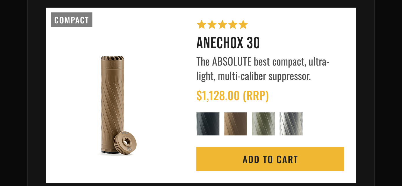 Anechox 30 compact ultra-light multi-caliber suppressor. 5 stars, $1,128.00 RRP. Available in black, bronze, green, silver.
