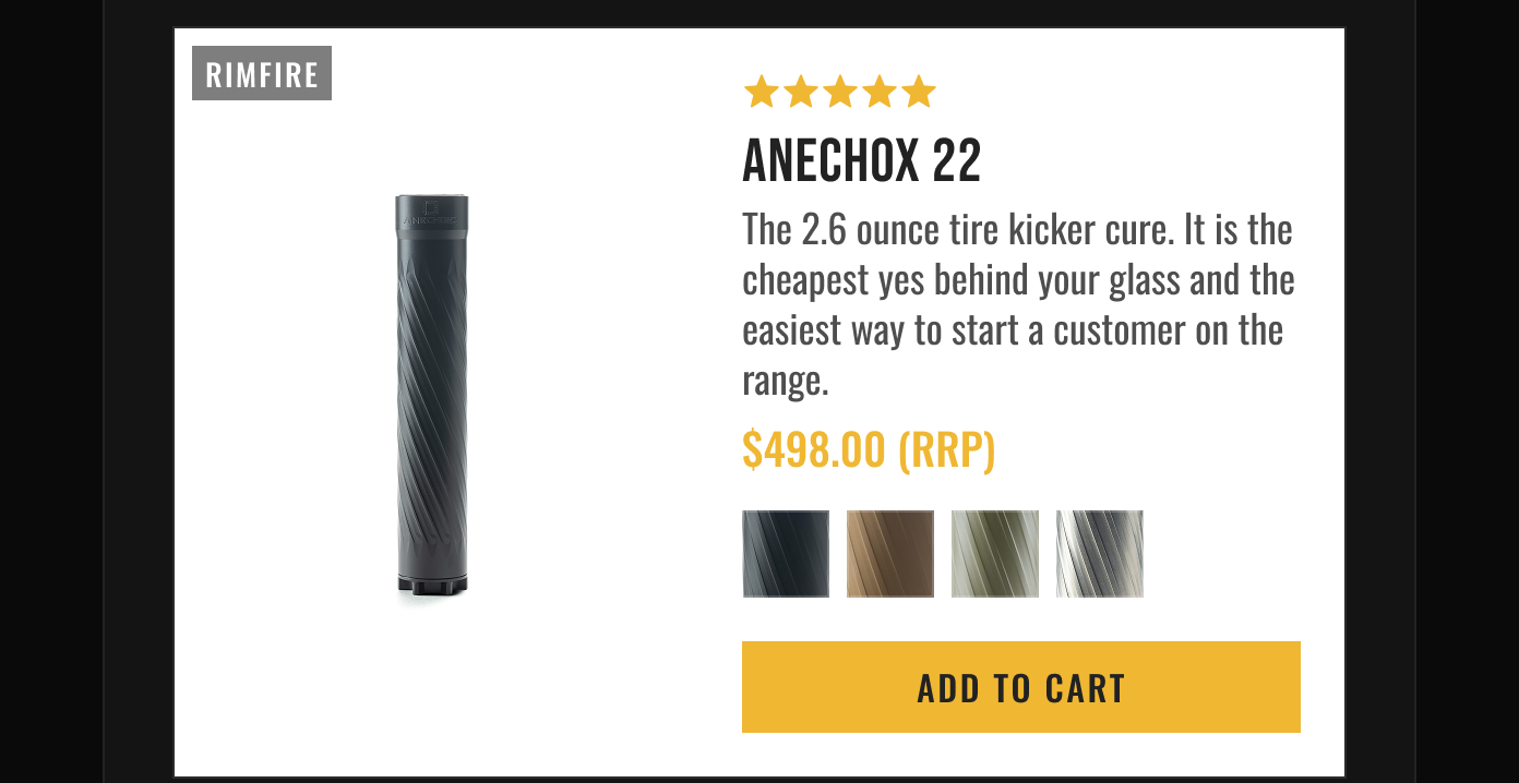 Product card for ANECHOX 22 Rimfire suppressor ($498.00 RRP). Features 2.6 oz spec, 5-star rating, color options, and Add to Cart button.