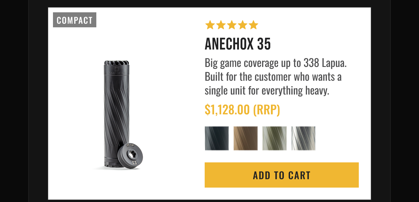 Product card for ANECHOX 35 Compact suppressor ($1,128.00 RRP). Details big game coverage up to 338 Lapua, color options, and Add to Cart button.