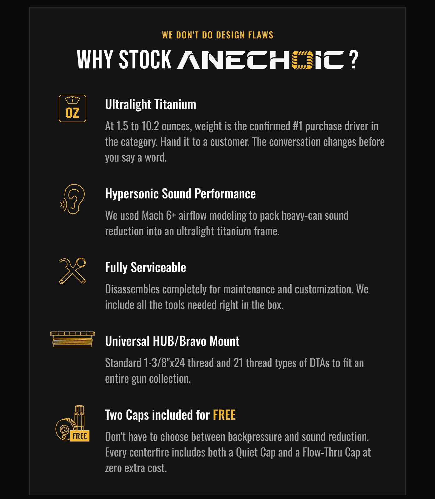 Why Stock Anechoic: Ultralight titanium (1.5-10.2 oz), Mach 6+ airflow, fully serviceable, universal HUB mount, 2 free caps included.