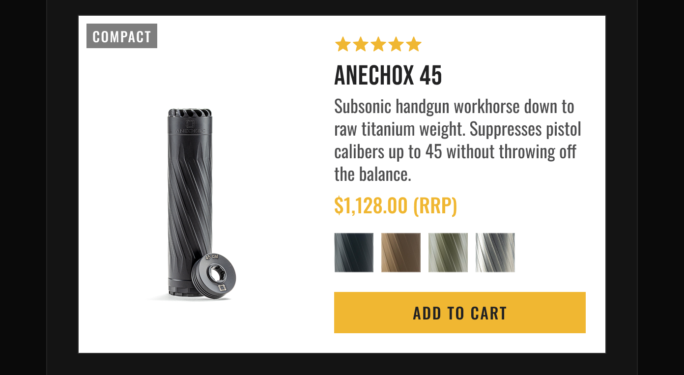 Product card for ANECHOX 45 Compact suppressor ($1,128.00 RRP). Highlights subsonic handgun specs, color options, and Add to Cart button.