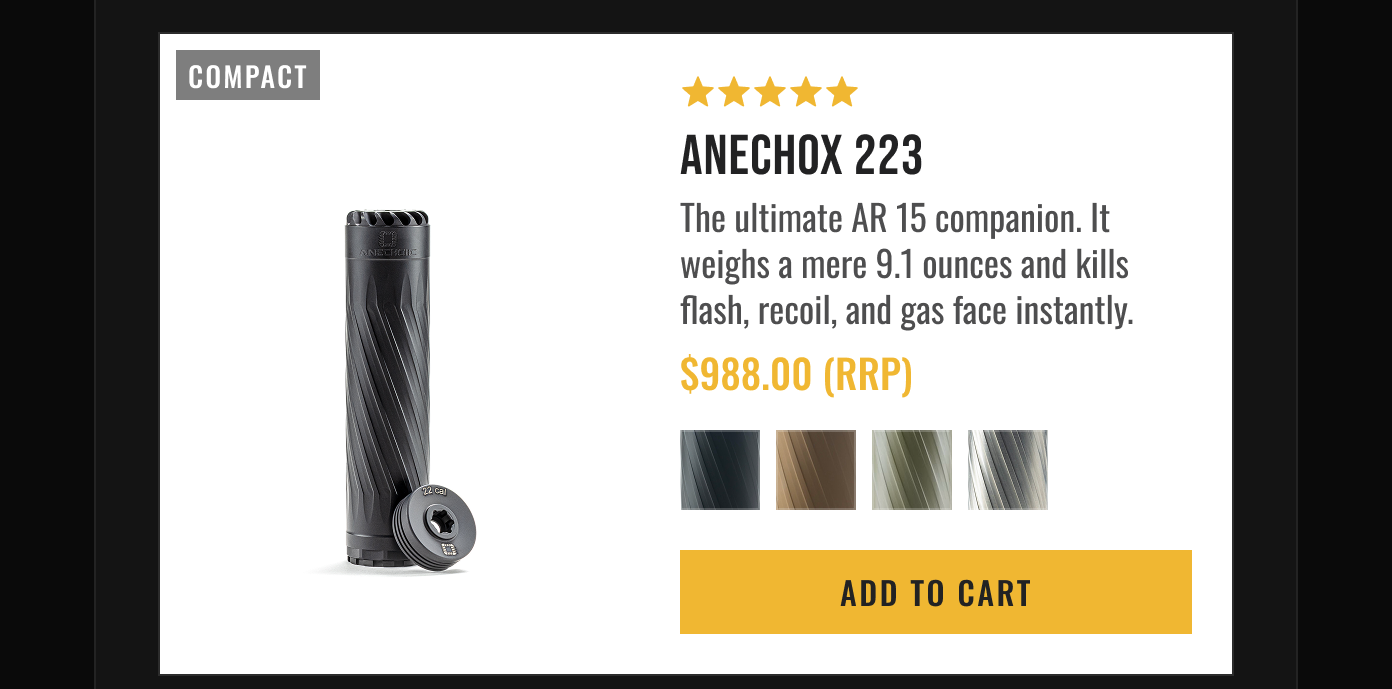 Product card for ANECHOX 223 Compact suppressor ($988.00 RRP). Features 9.1 oz AR 15 spec, 5-star rating, color options, and Add to Cart button.