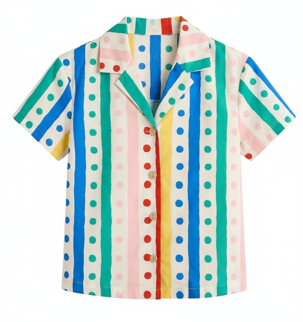 A short-sleeved button-up shirt with colorful vertical stripes and polka dots.
